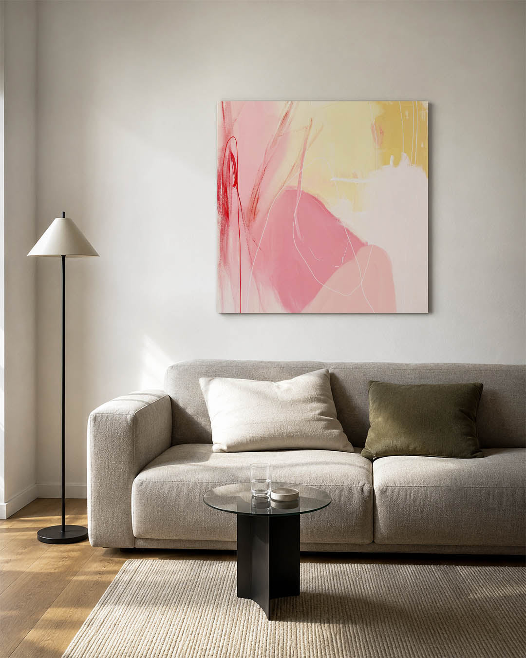 Dynamische kleurencompositie kunstwerk – vierkante wanddecoratie – dit kunstwerk toont een levendige mix van roze en gele