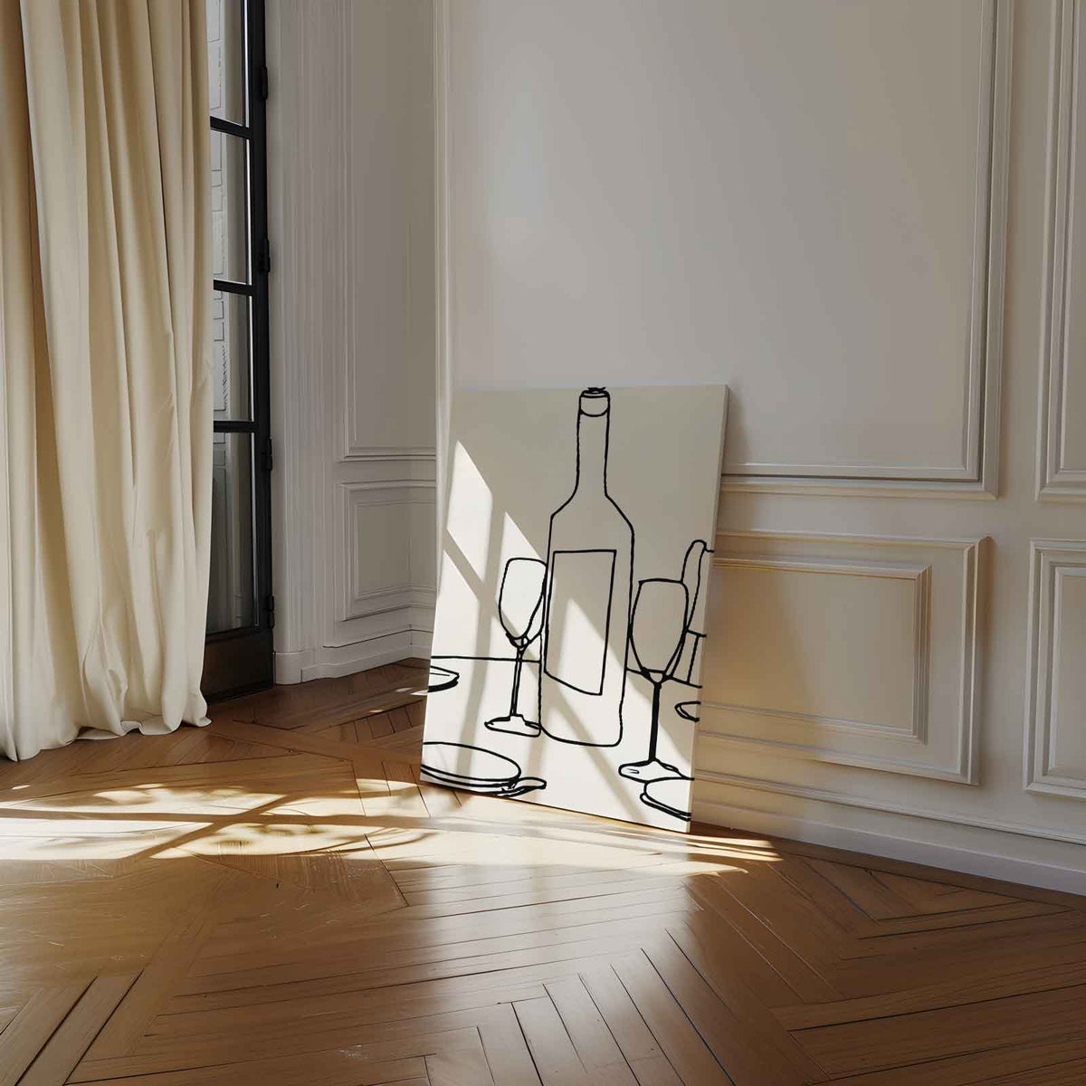 Minimalistisch Tafereel van Wijn en Glazen – staand kunstwerk voor modern interieur