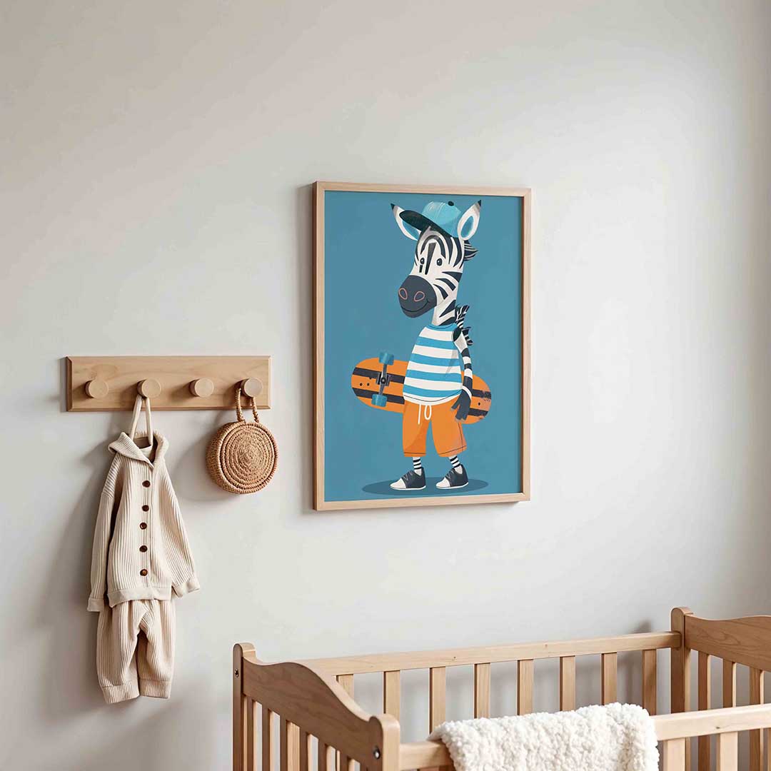 Zebra met skateboard – kinderposter in staand formaat