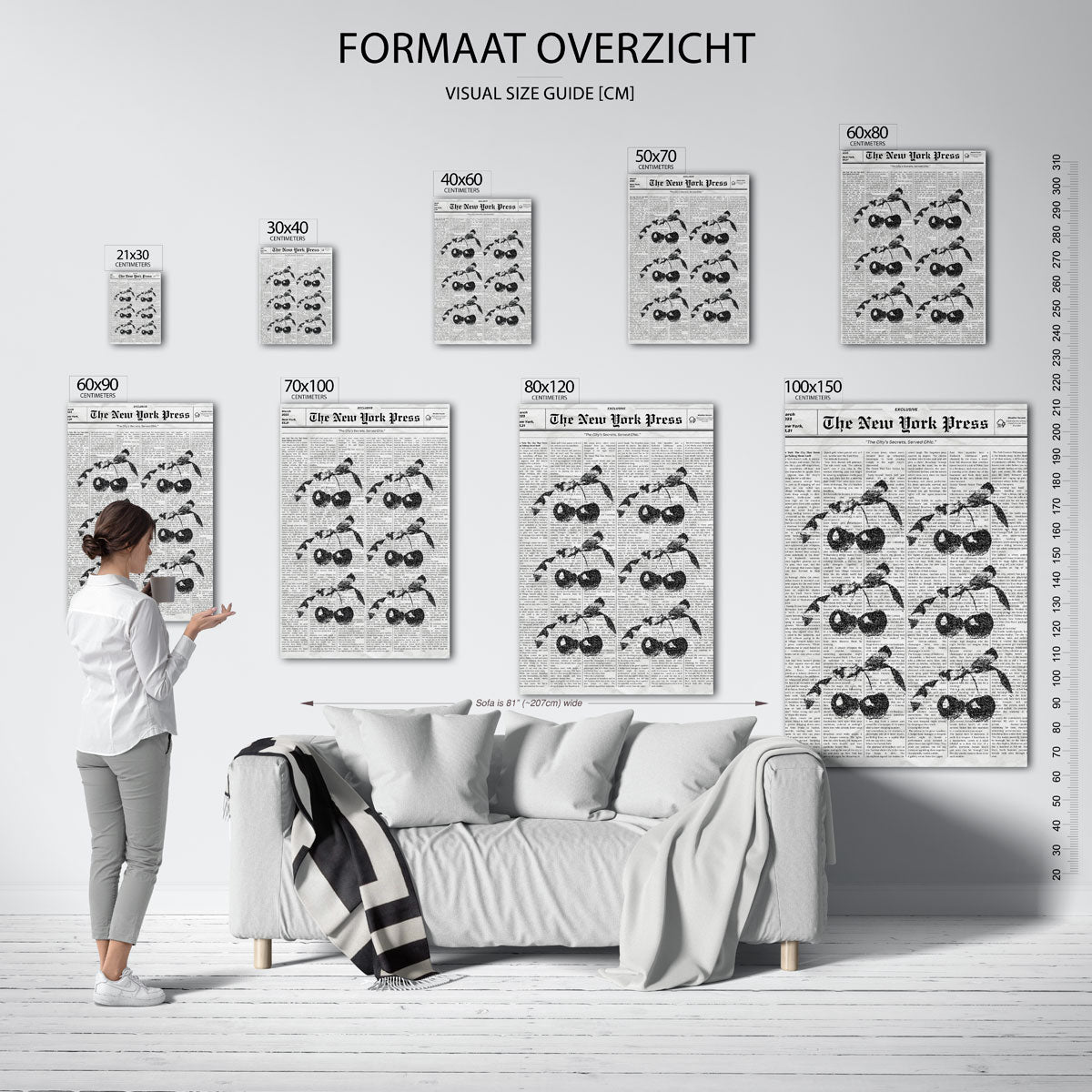 Kersen op krantenachtergrond – staande muurposter in Pop Art stijl