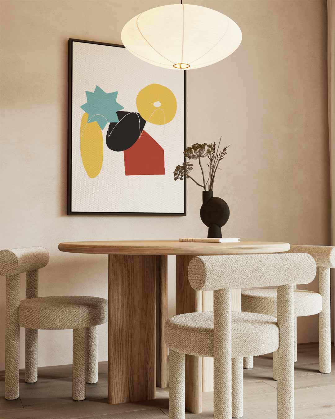 Speelse Abstractie in Vormen – kunstwerk met zwarte baklijst