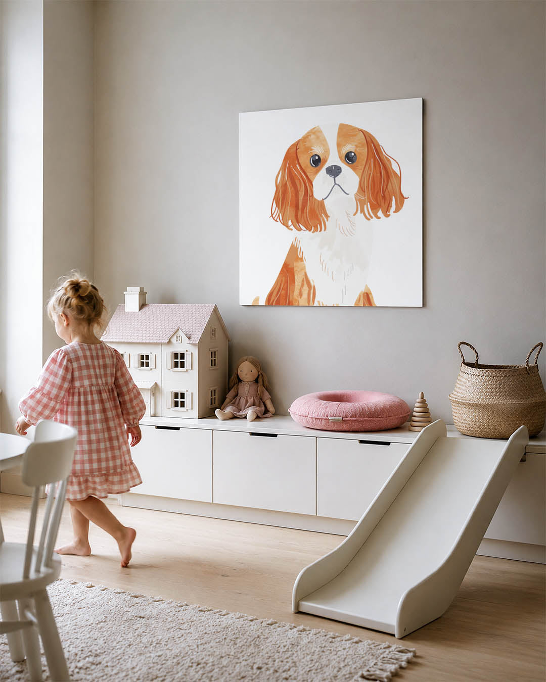 Hond illustratie kunstwerk – tweede productweergave – dit toont een hond met lange oren en een vriendelijke uitdrukking. De