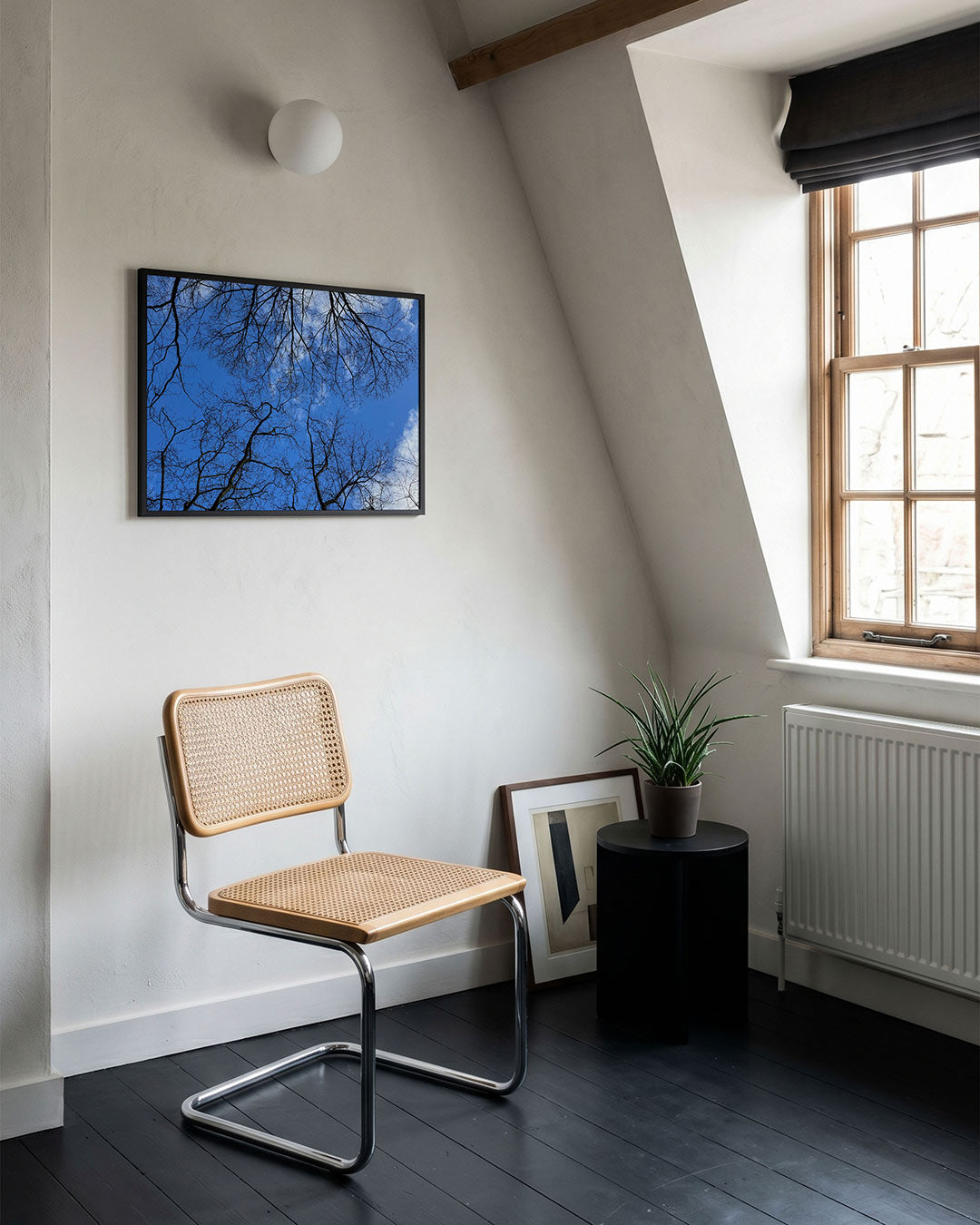 Boomtakken tegen lucht poster – tweede productweergave – dunne, kronkelige takken strekken zich uit tegen een heldere blauwe