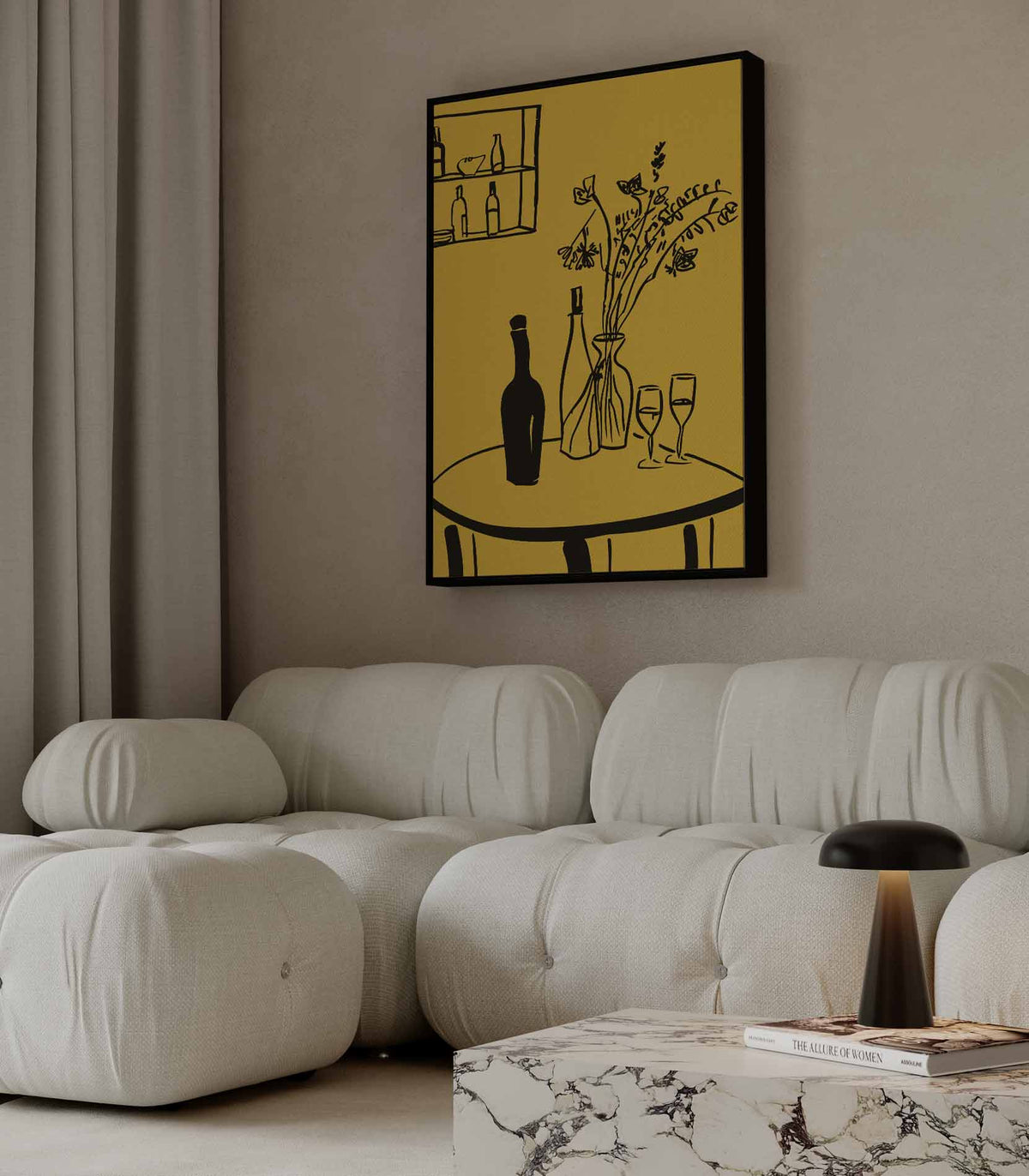 Lijnkunst Stillleven op Gele Achtergrond – staande wandkunst voor woonkamer of interieur