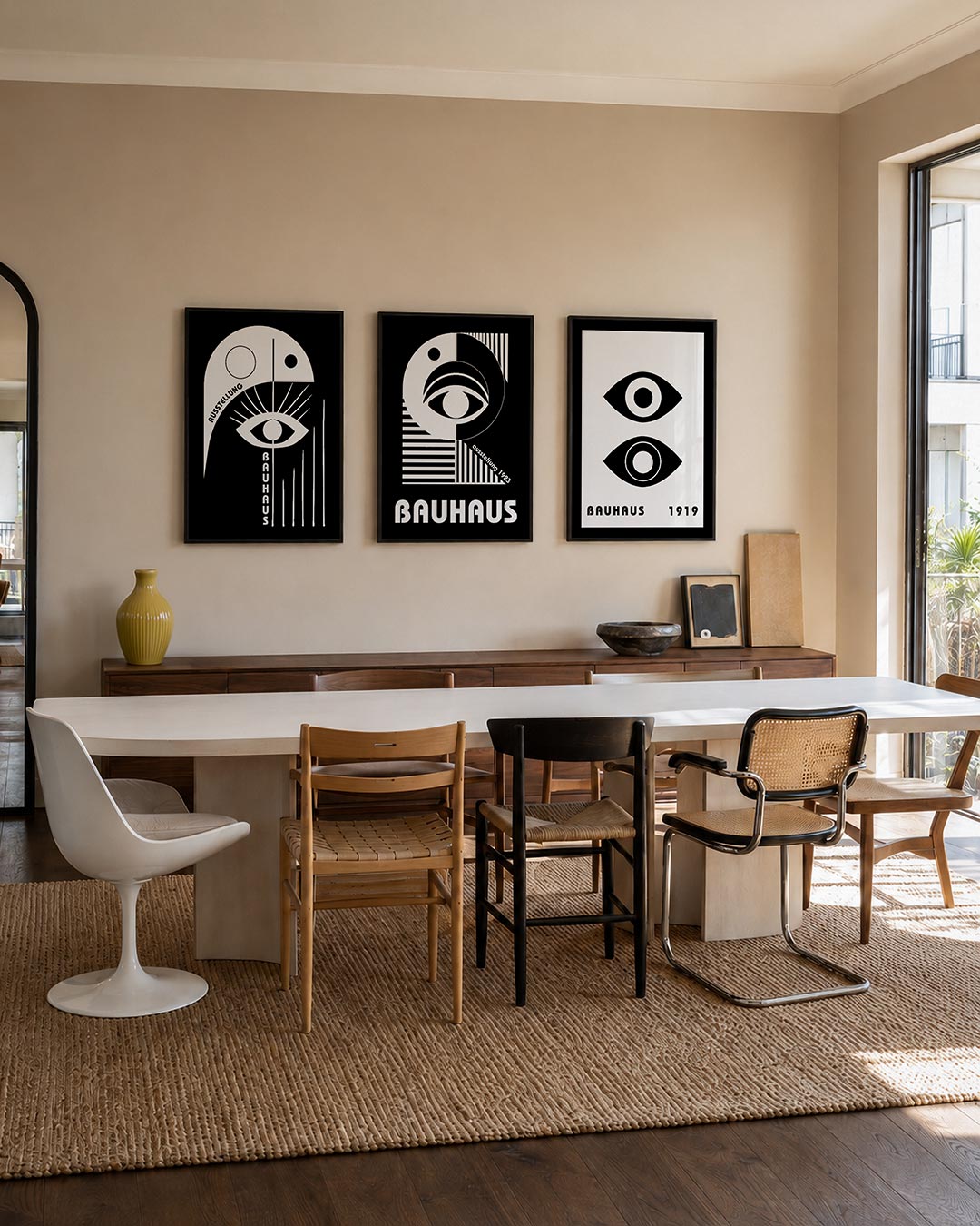 Oog en lijnen posterset – tweede productweergave – een zwart-wit compositie met een centraal oog, omringd door strakke lijnen