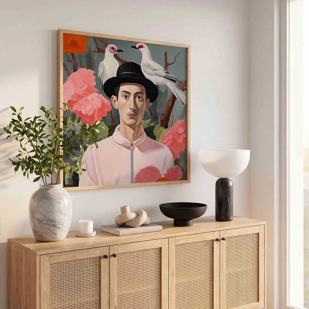 Man met vogels en bloemen – illustratie poster in vierkant formaat