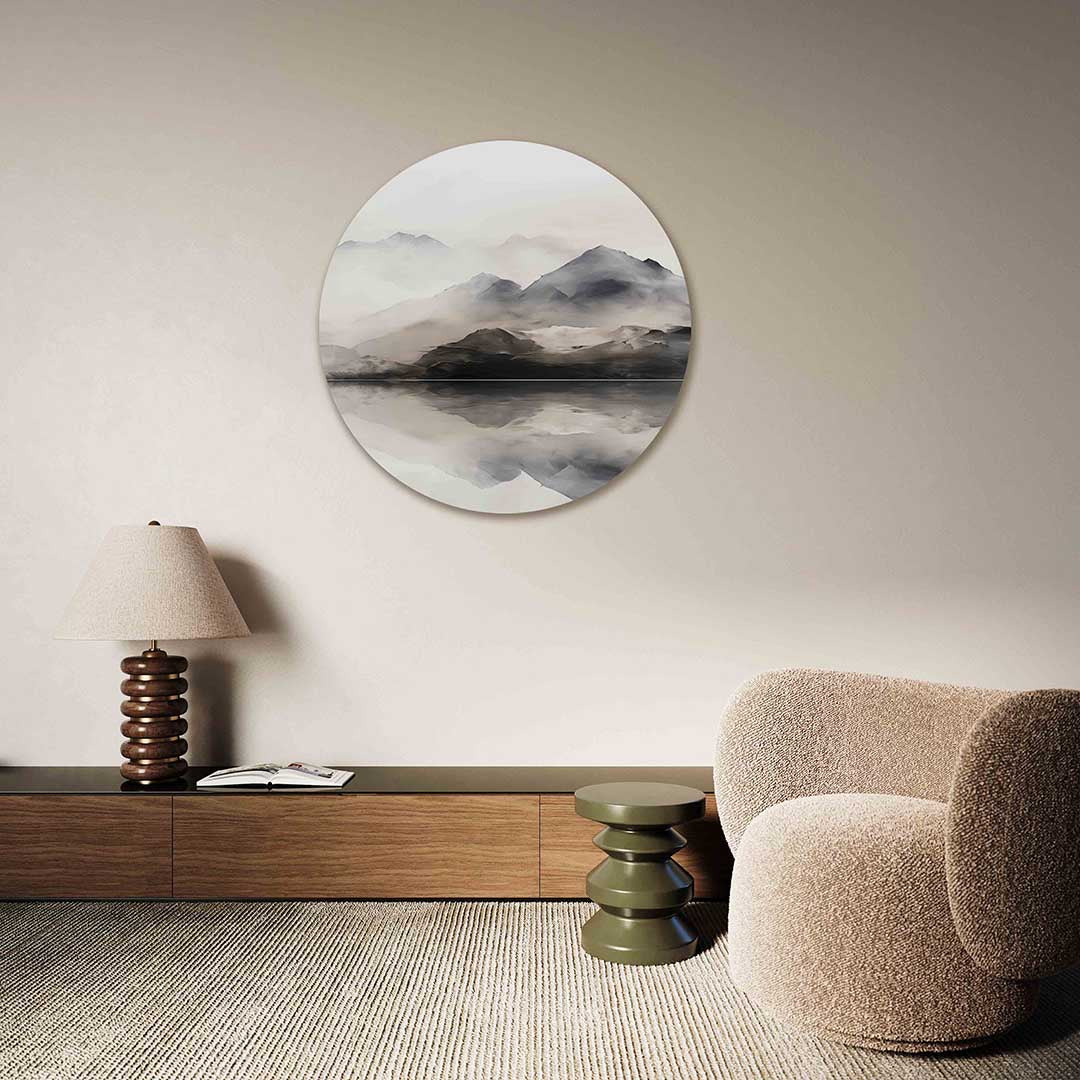 Berglandschap reflectie – Pop Art muurcirkel als ronde wanddecoratie