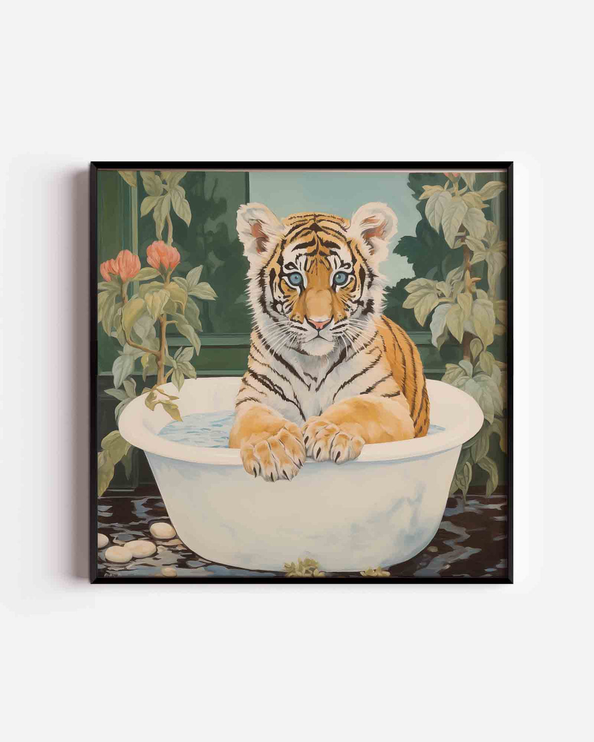 Tijger in bad – vierkante dierenposter als wanddecoratie