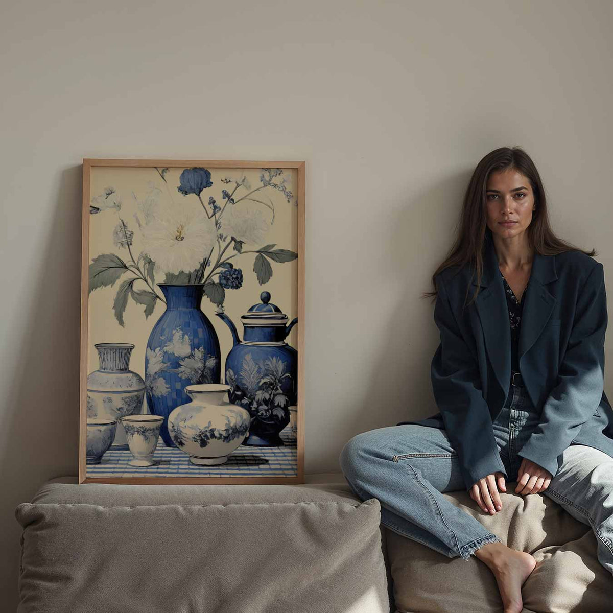 Tijdloze Bloemenpracht in Blauw – staande keuken wanddecoratie van WallArtistic