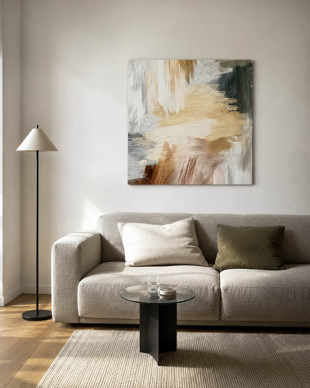 Organische penseelstreken kunstwerk – vierkante wanddecoratie – dit werk toont vloeiende penseelstreken in beige, bruin en