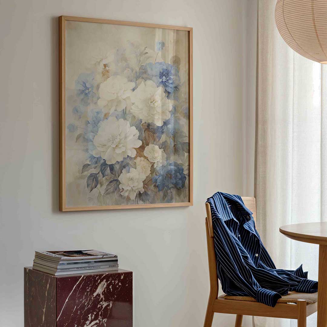 Bloemen in blauw en wit – bloemen poster in staand formaat