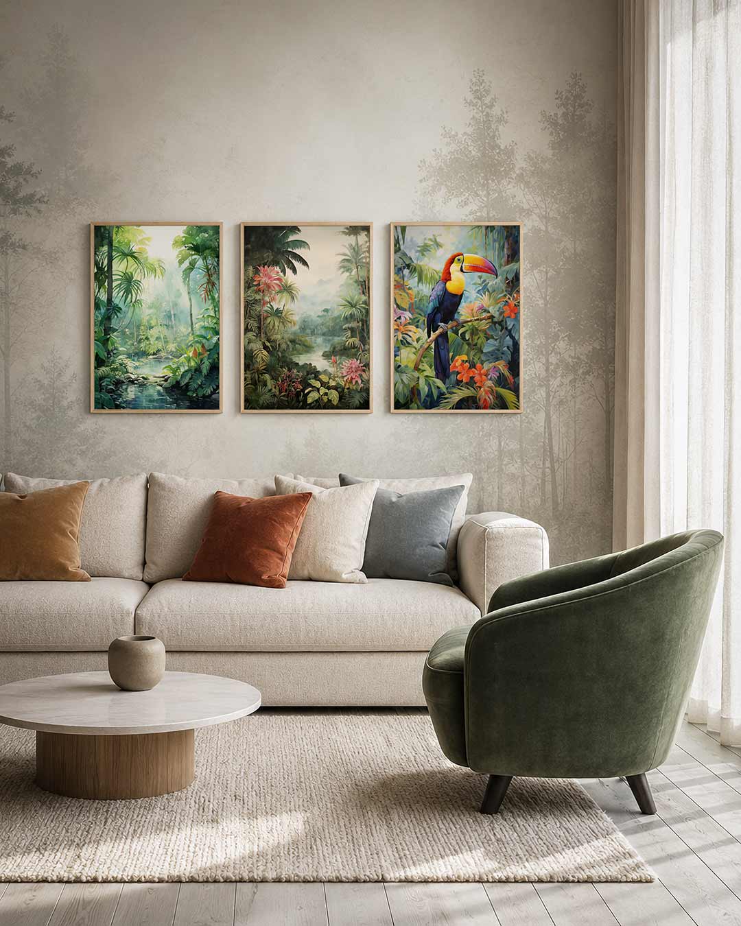 Groene jungle harmonie driedelige posterset – deze posterset in drie delen toont een weelderige jungle
