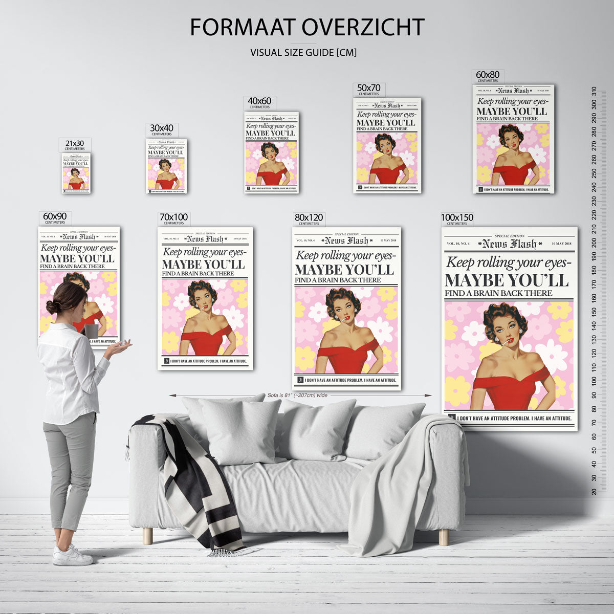 Vrouw met bloemenachtergrond – staande muurposter in Pop Art stijl