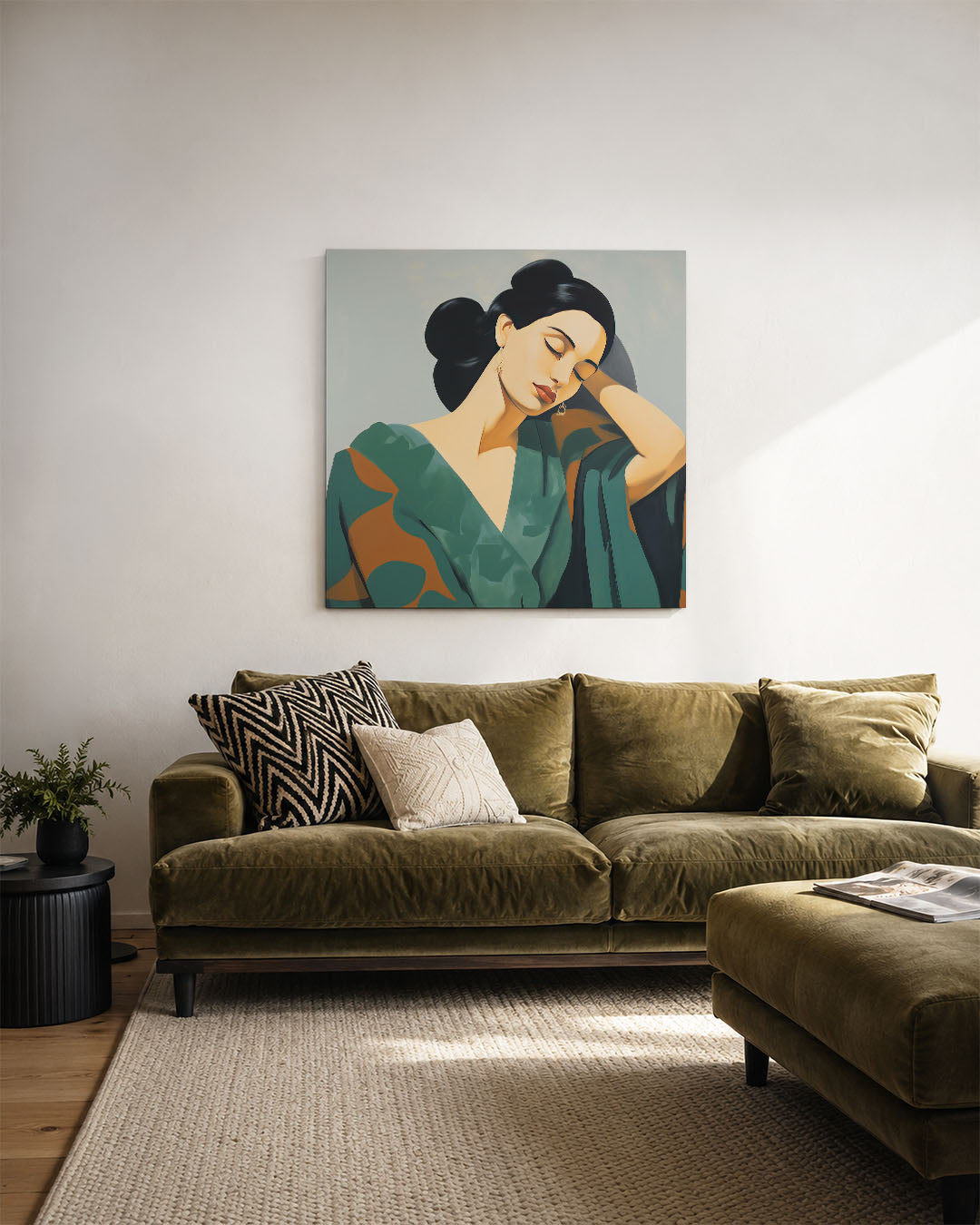 Dromerige vrouw kunstwerk – derde productweergave – dit kunstwerk toont een serene vrouw met gesloten ogen. De zachte lijnen