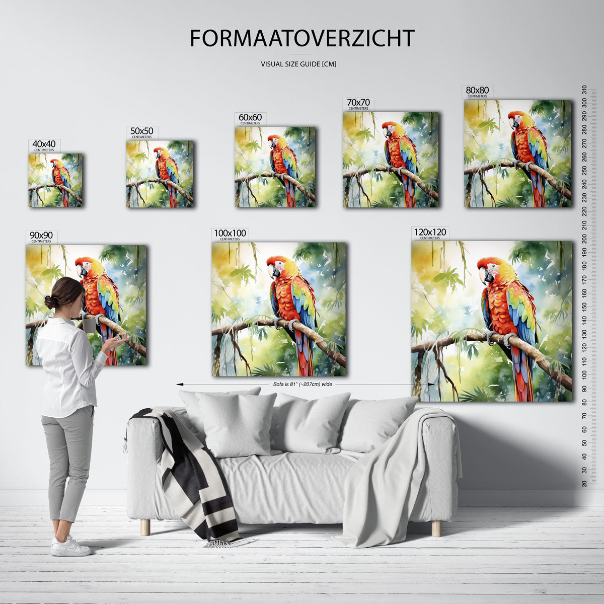 Papegaai op tak – vierkante jungle wanddecoratie van WallArtistic