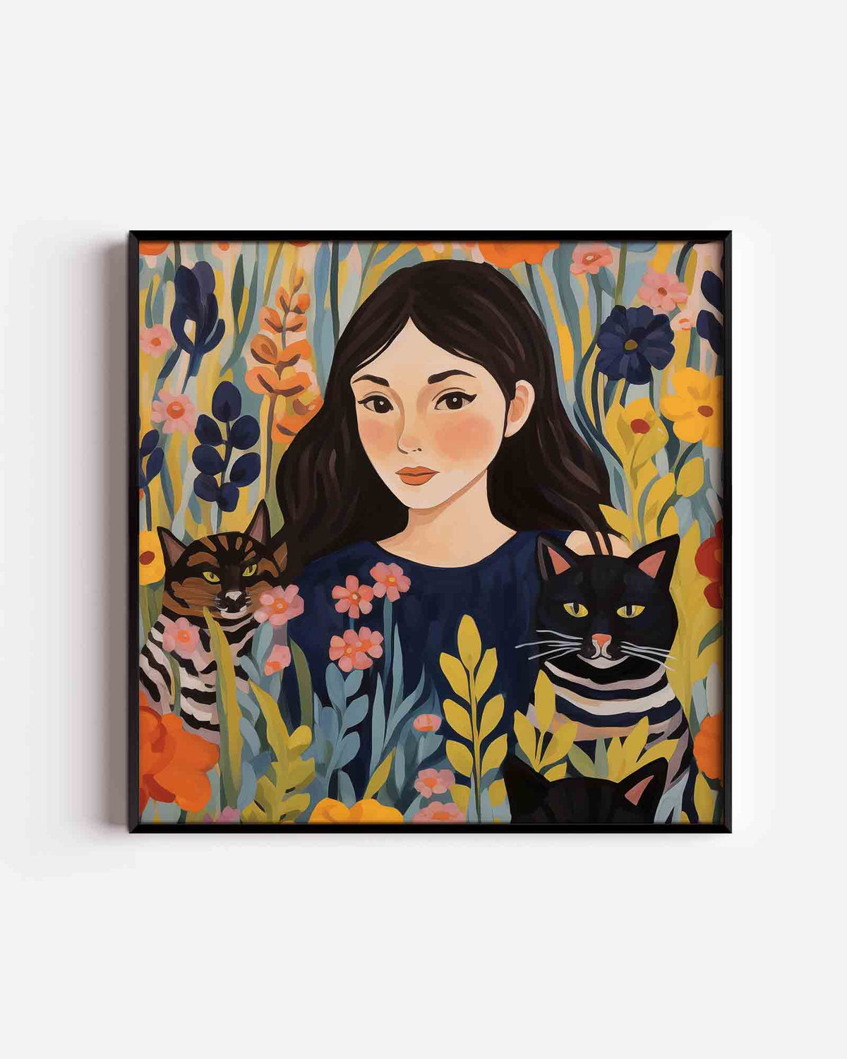 Meisje met katten en bloemen – vrouwelijk portret als vierkante poster