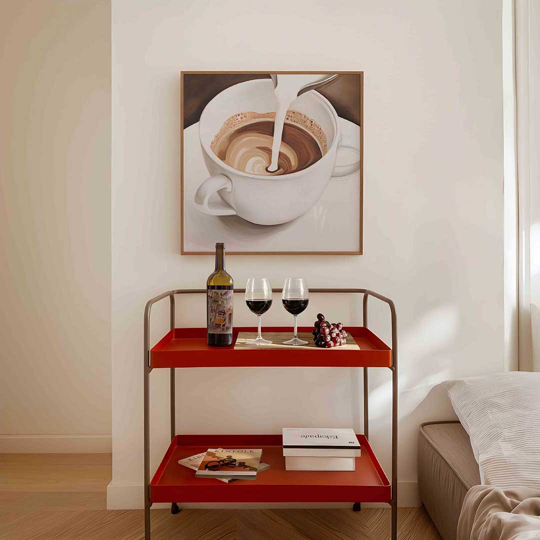 Koffiekop met melk – vierkante keuken wanddecoratie van WallArtistic