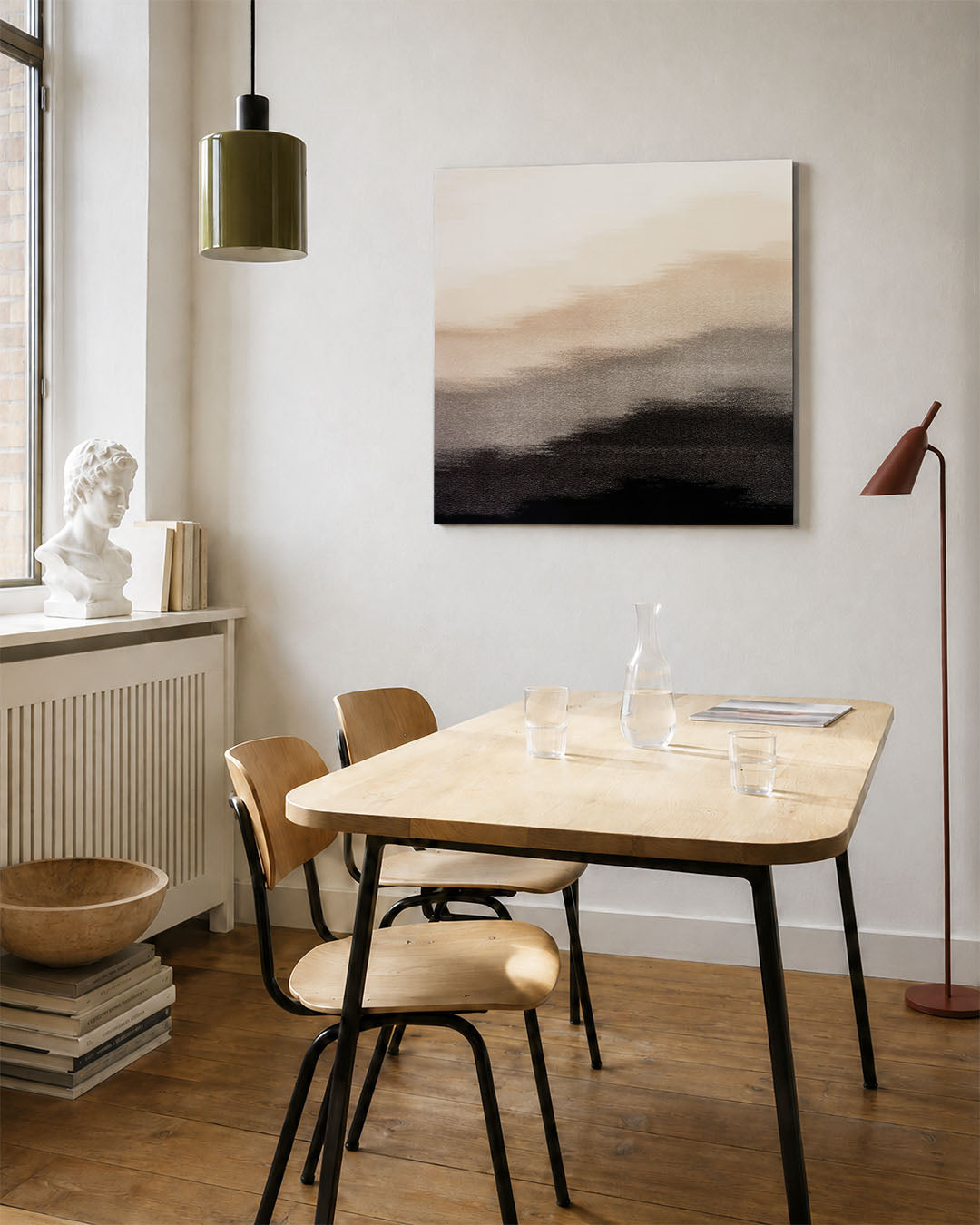 Vloeiende overgangen kunstwerk – vierkante wanddecoratie – dit kunstwerk toont zachte, vloeiende overgangen van beige naar