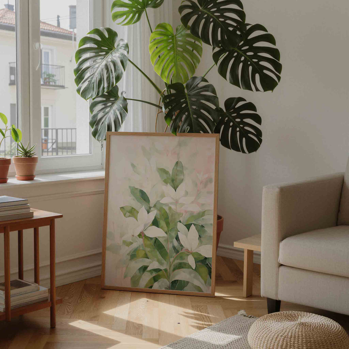 Witte bloemen en groene bladeren – staande botanische wanddecoratie van WallArtistic