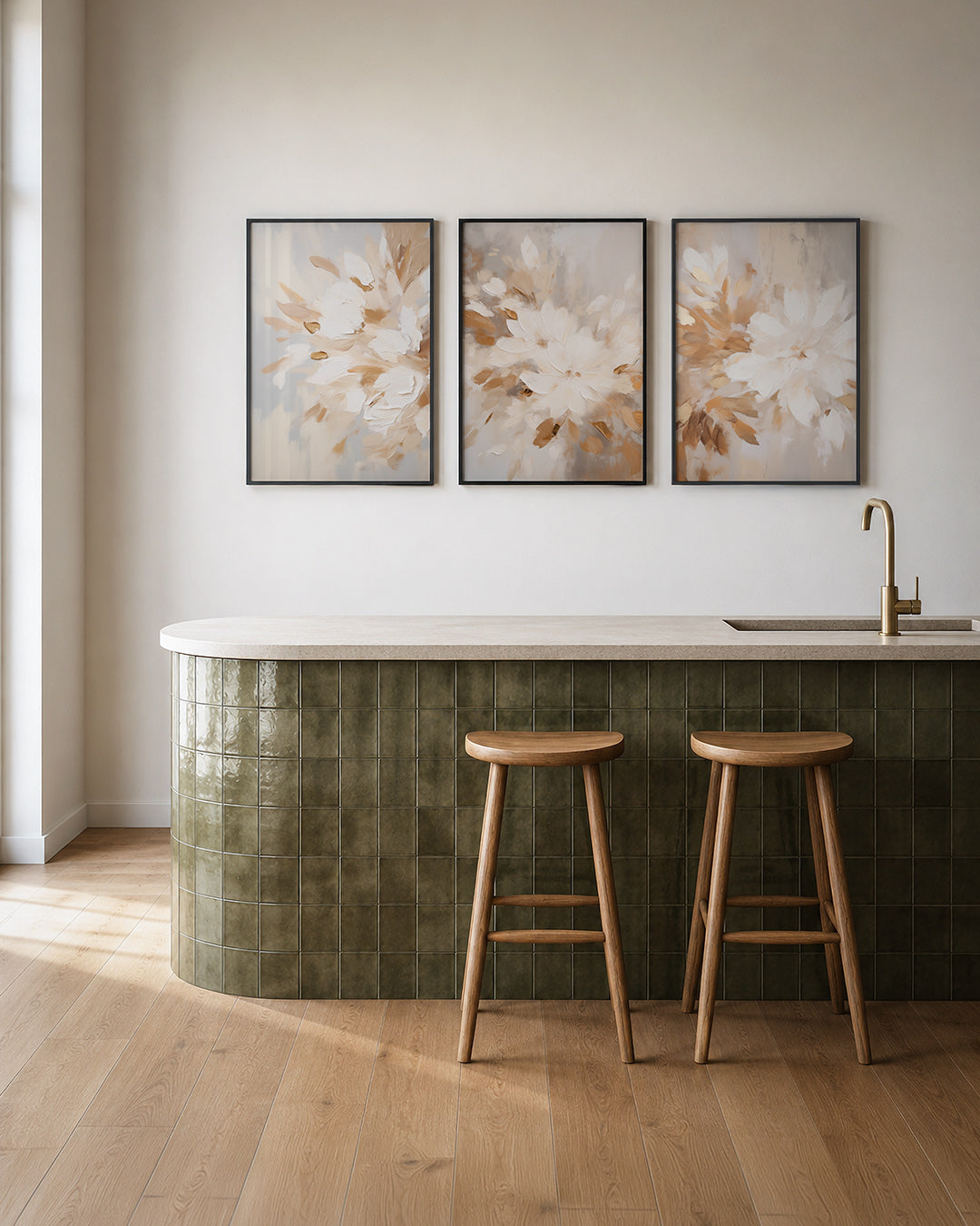 Zachte bloemenvormen – deze posterset in drie delen toont vloeiende bloemvormen in zachte beige en – weergave 2