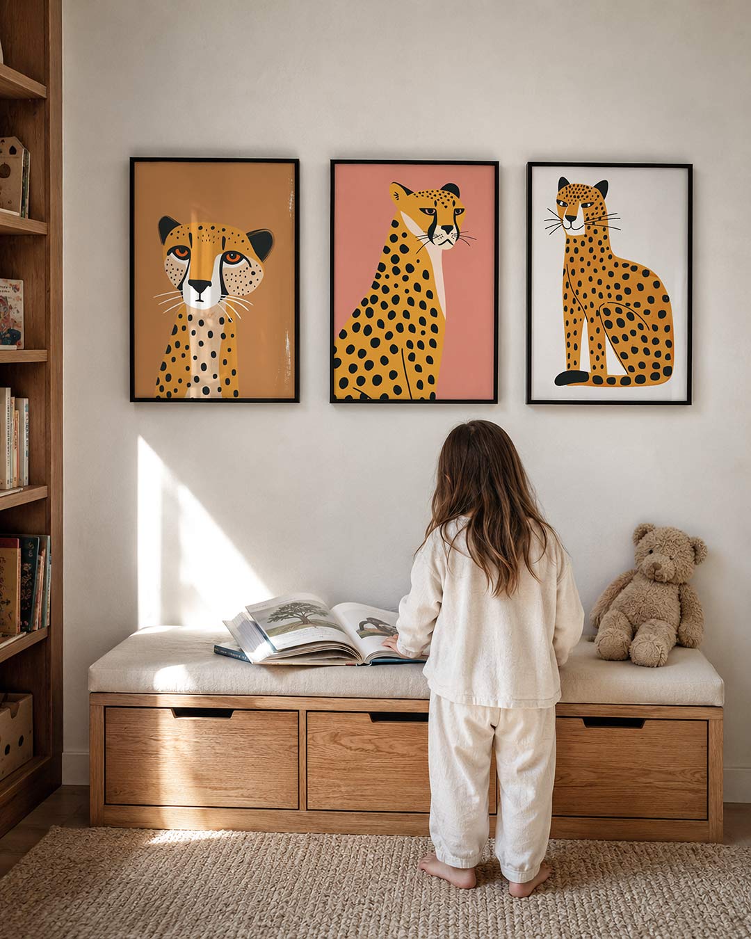Vorm en vlekken posterset – derde productweergave – een speelse cheetah met levendige oranje ogen en zwarte