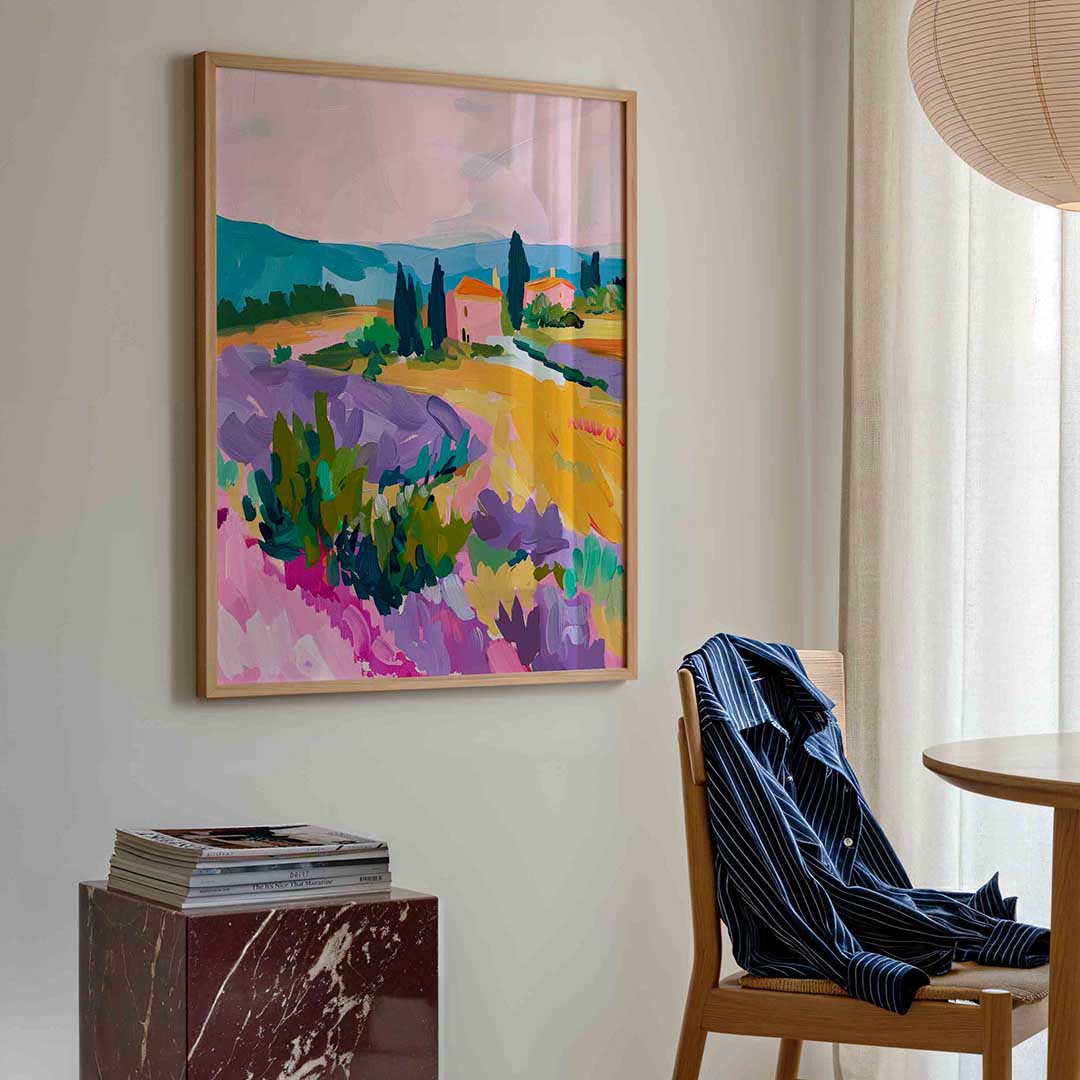 Landschap met lavendel – kleurrijke illustratie poster in staand formaat