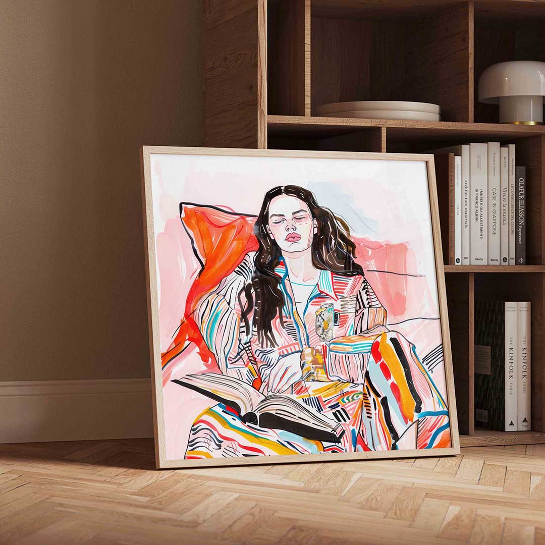 Vrouw met boek – vierkante portret wanddecoratie van WallArtistic