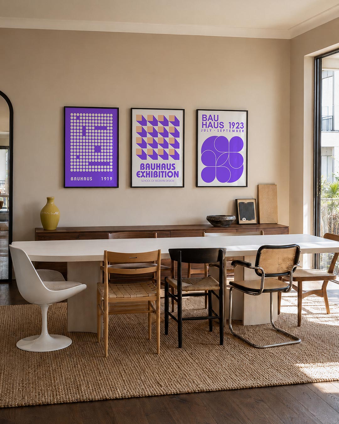 Cirkelpatroon ritme driedelige posterset – deze poster toont een patroon van witte cirkels op een