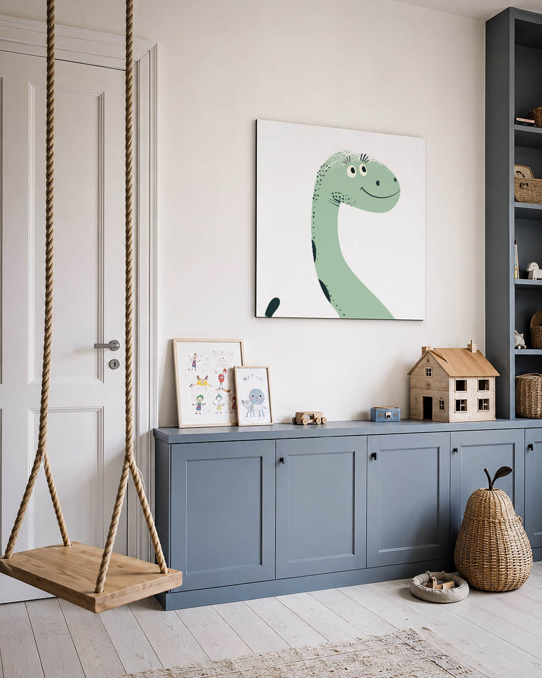 Vrolijke dinosaurus illustratie kunstwerk – vierkante wanddecoratie – dit kunstwerk toont een lachende dinosaurus met een