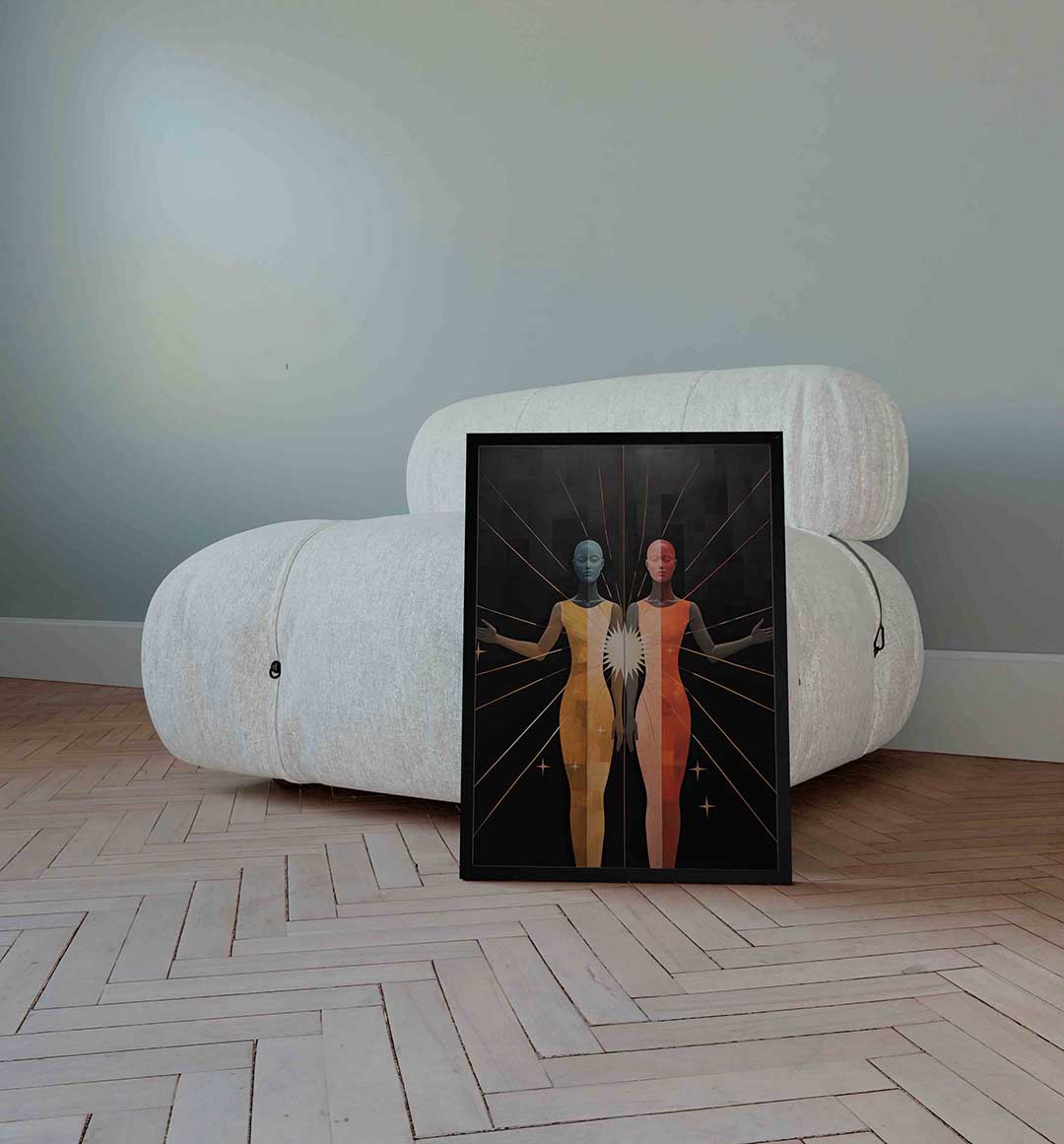 Twee figuren met stralen – surrealistische wandkunst als portret poster