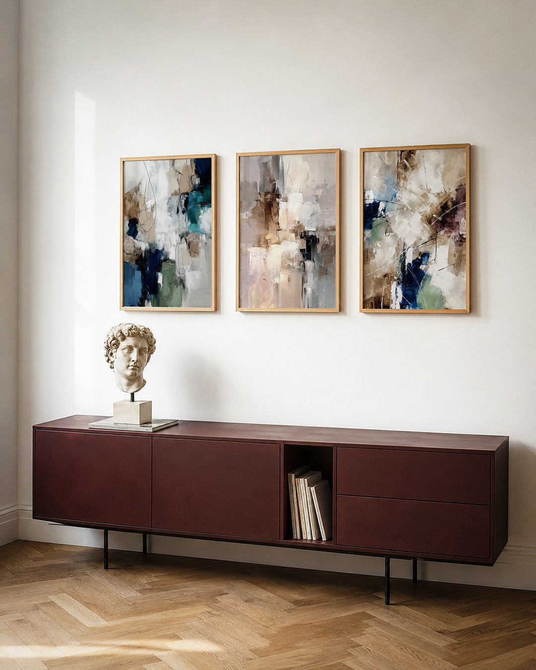 Vorm en kleurenspel posterset – detailweergave – deze posterset in drie delen toont een dynamisch lijnenspel