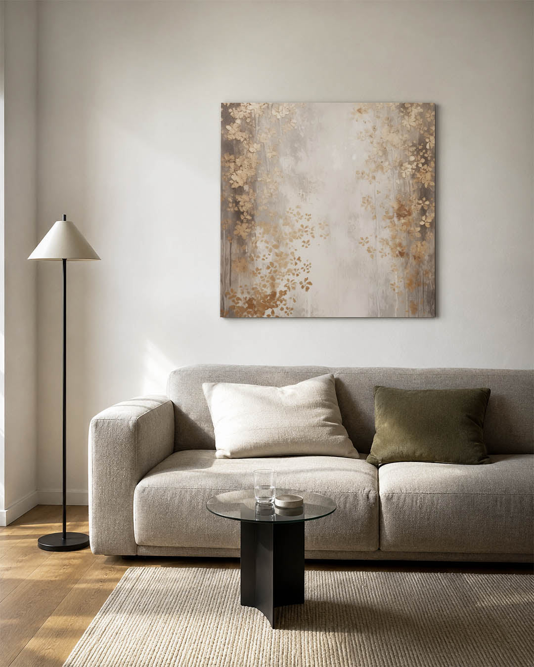 Gouden bloemmotief kunstwerk – vierkante wanddecoratie – dit werk toont een harmonie van gouden bloemen tegen een achtergrond