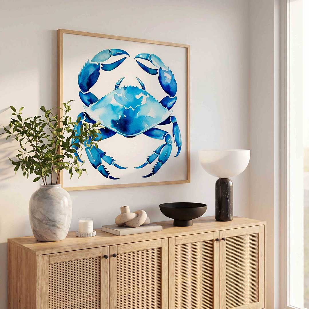 Blauwe krab – illustratie poster in vierkant formaat