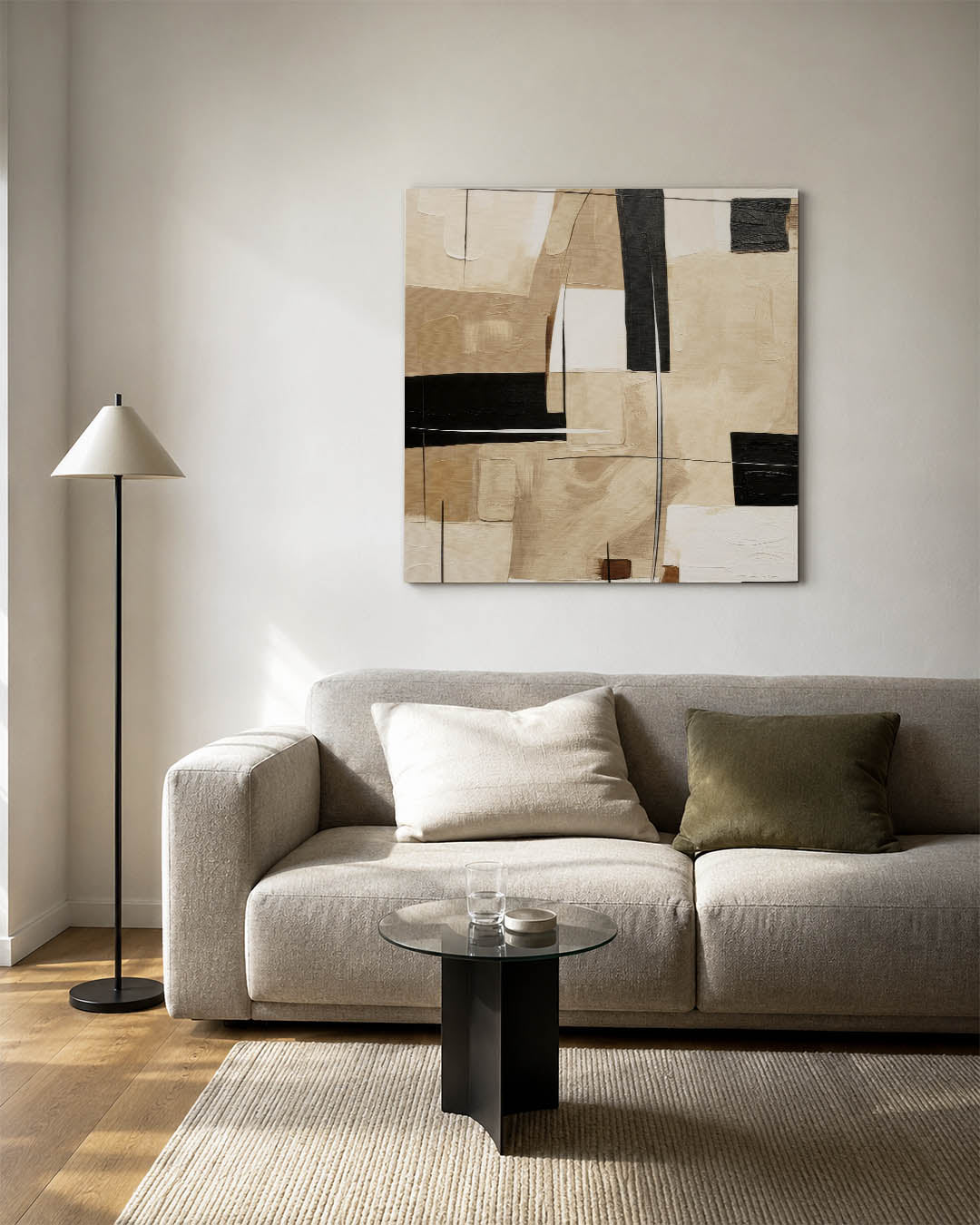 Geometrische vormen kunstwerk – vierkante wanddecoratie – dit werk toont een compositie van rechthoeken en lijnen in beige