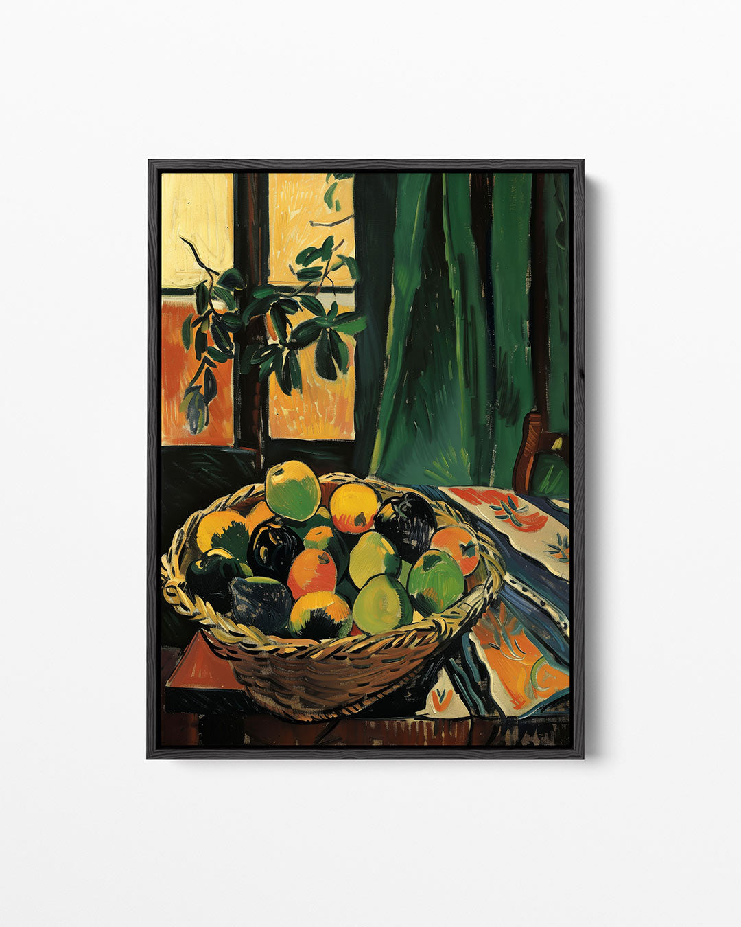 Fruitmand met gordijn – staand wanddecoratie kunstwerk