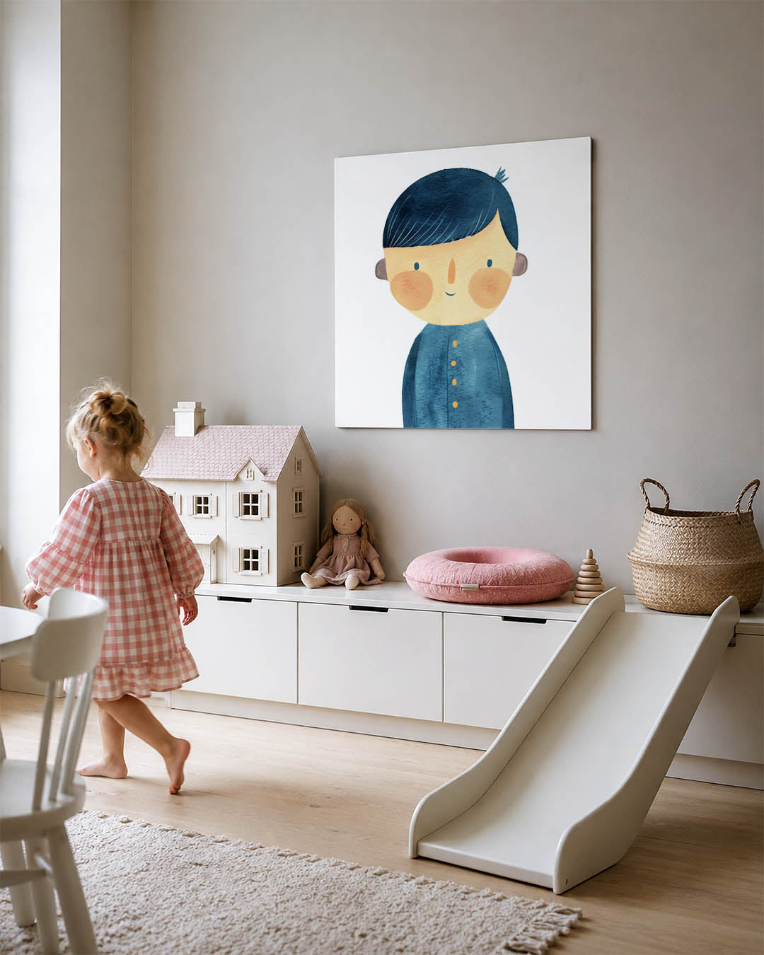 Vrolijke illustratie kunstwerk – tweede productweergave – dit kunstwerk toont een vriendelijk gezicht met blauwe tinten en