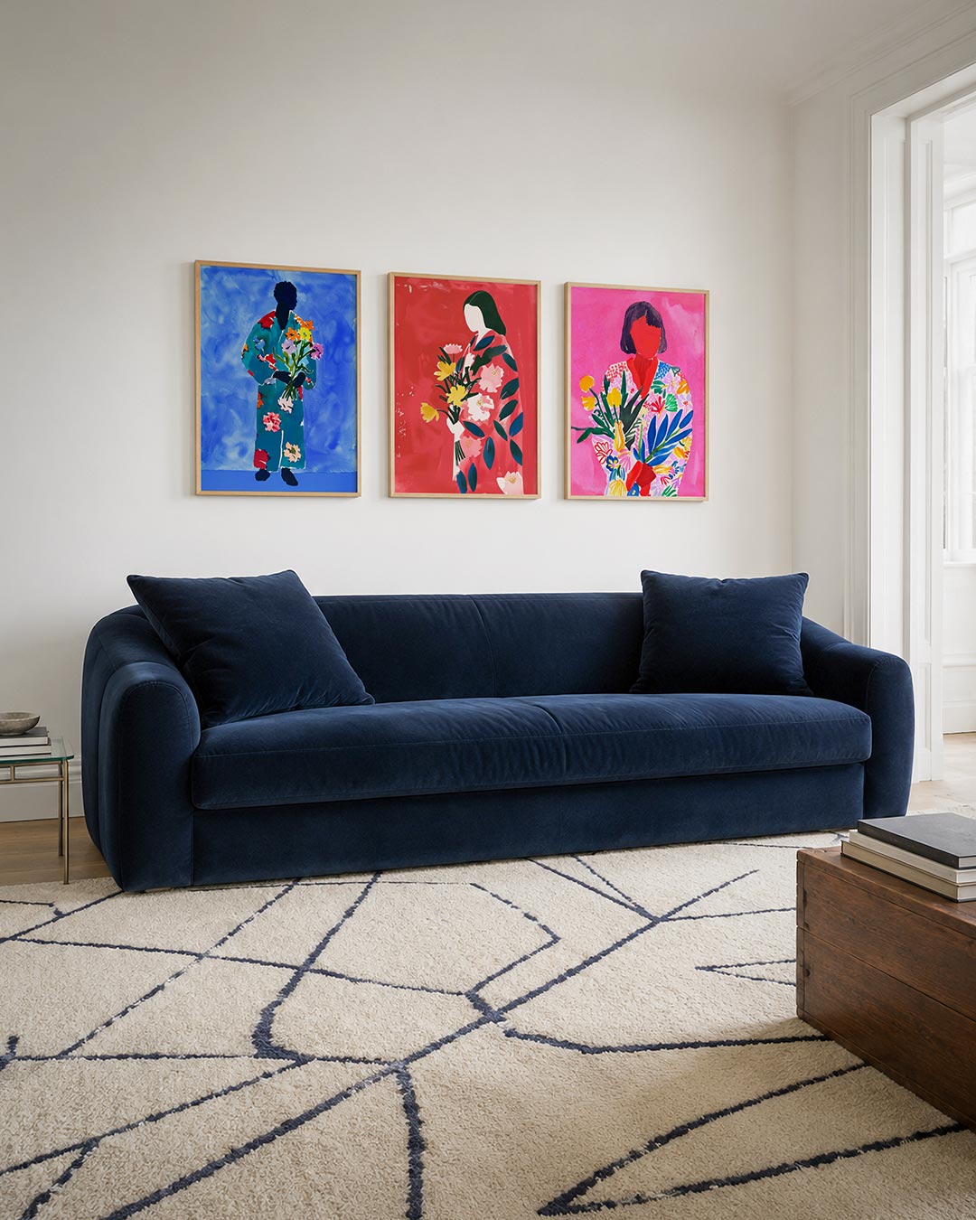 Bloemen en silhouet driedelige posterset – een silhouet in een kleurrijk gewaad met bloemen tegen een