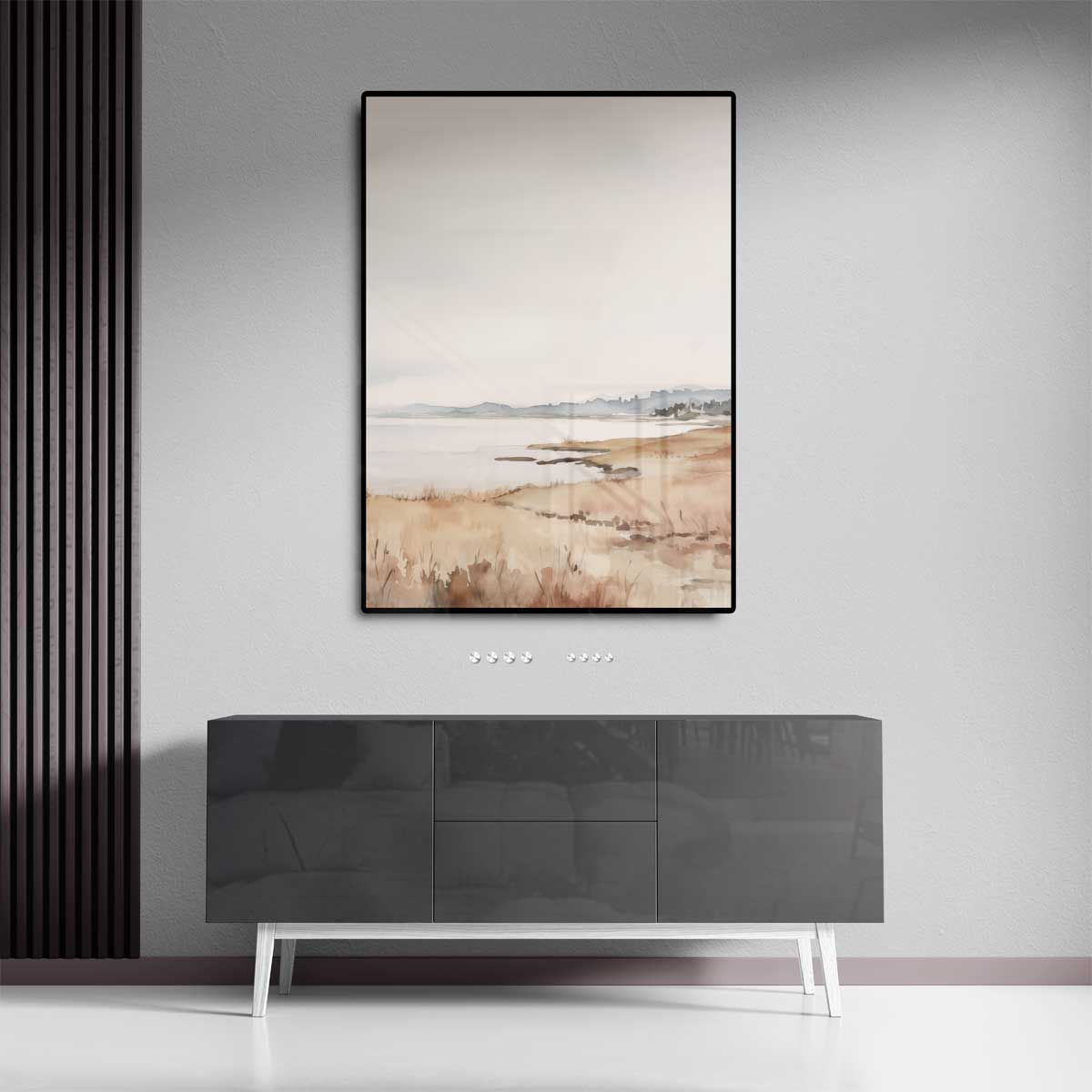 Rustgevende Kustlijn in Aquarel – staand kunstwerk voor modern interieur