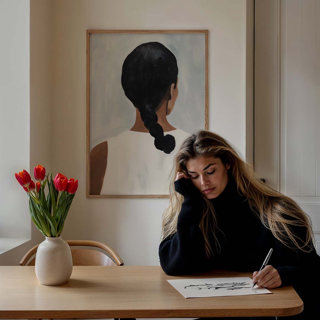 Vrouw met vlecht in witte jurk – staande vrouwelijke wanddecoratie van WallArtistic