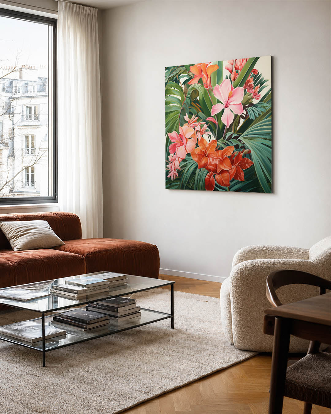 Bloemrijke jungle kunstwerk – vierkante wanddecoratie – dit kunstwerk toont een weelderige verzameling van kleurrijke bloemen