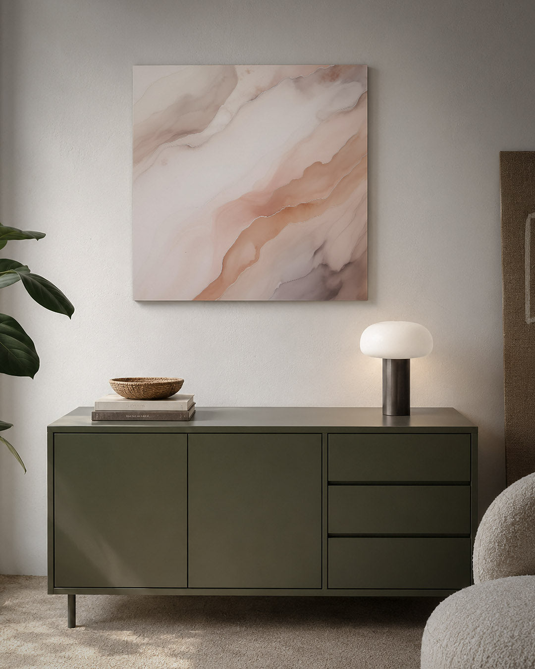 Organische lijnen kunstwerk – detailweergave – dit kunstwerk toont vloeiende, organische lijnen in zachte tinten. De kleuren
