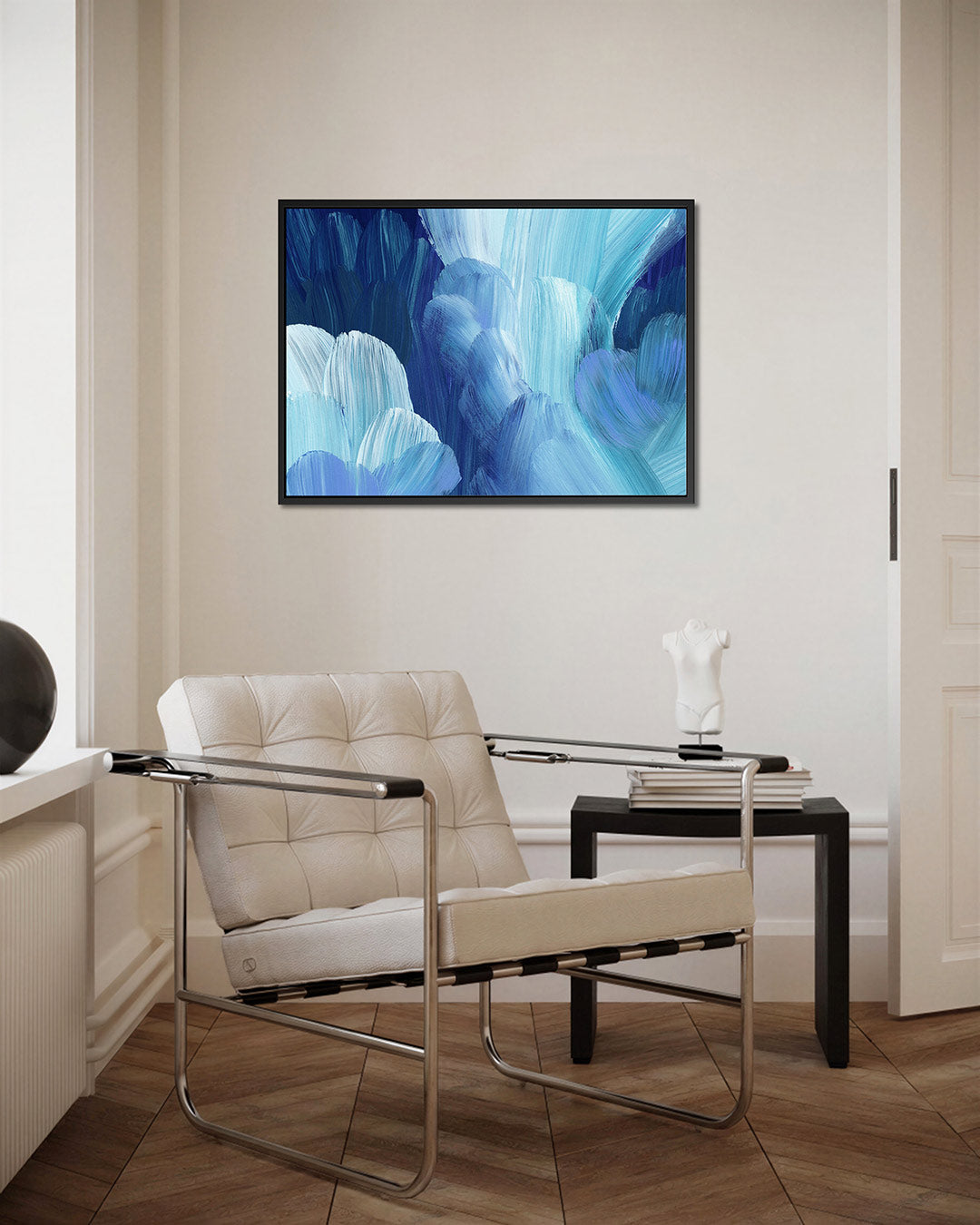 Dynamische blauwtinten – Beweging – kunstwerk op canvas, dibond of plexiglas