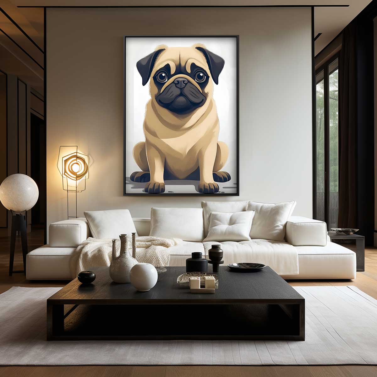Schattige Mopshond Illustratie – canvas wanddecoratie in portret formaat