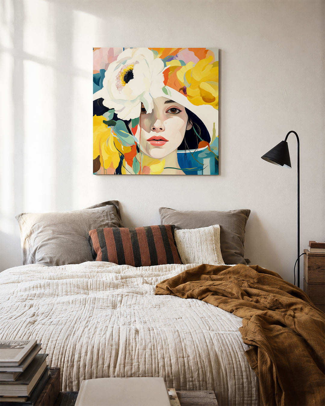Vrouwelijk bloemenportret kunstwerk – detailweergave – dit werk toont een vrouwelijk gezicht omringd door grote, kleurrijke