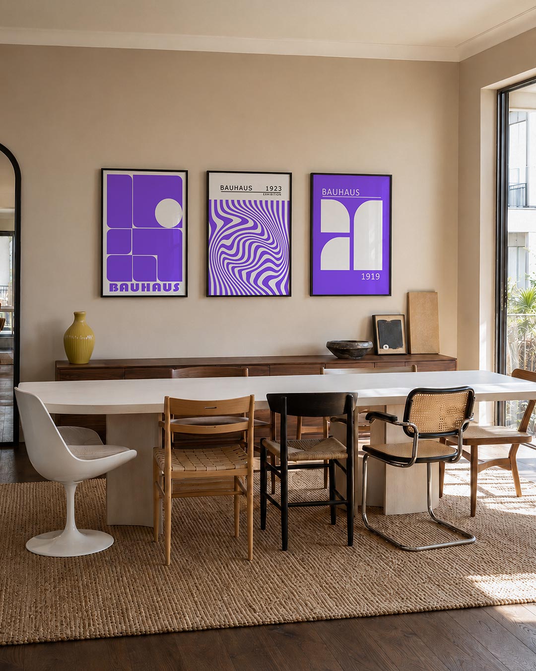 Vorm en balans driedelige posterset – deze posterset in drie delen toont een spel van paarse