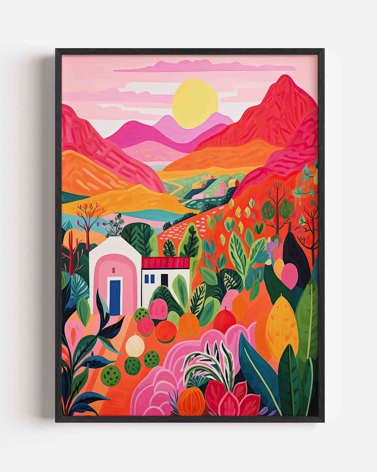 Landschap met bergen en zon – kleurrijke illustratie portret poster als wanddecoratie