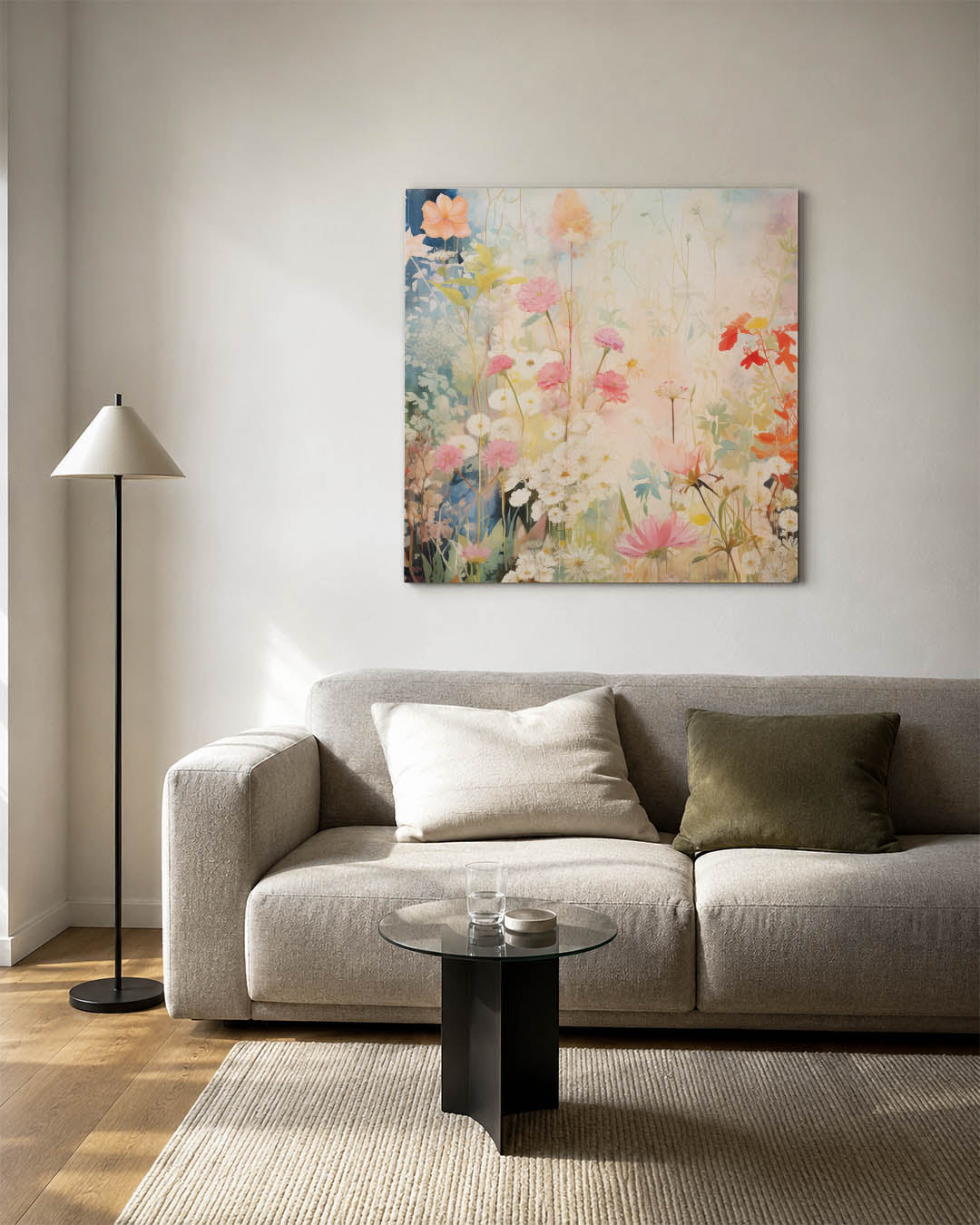 Bloemenpracht kunstwerk – detailweergave – dit kunstwerk toont een weelderige verzameling bloemen in zachte tinten, met een