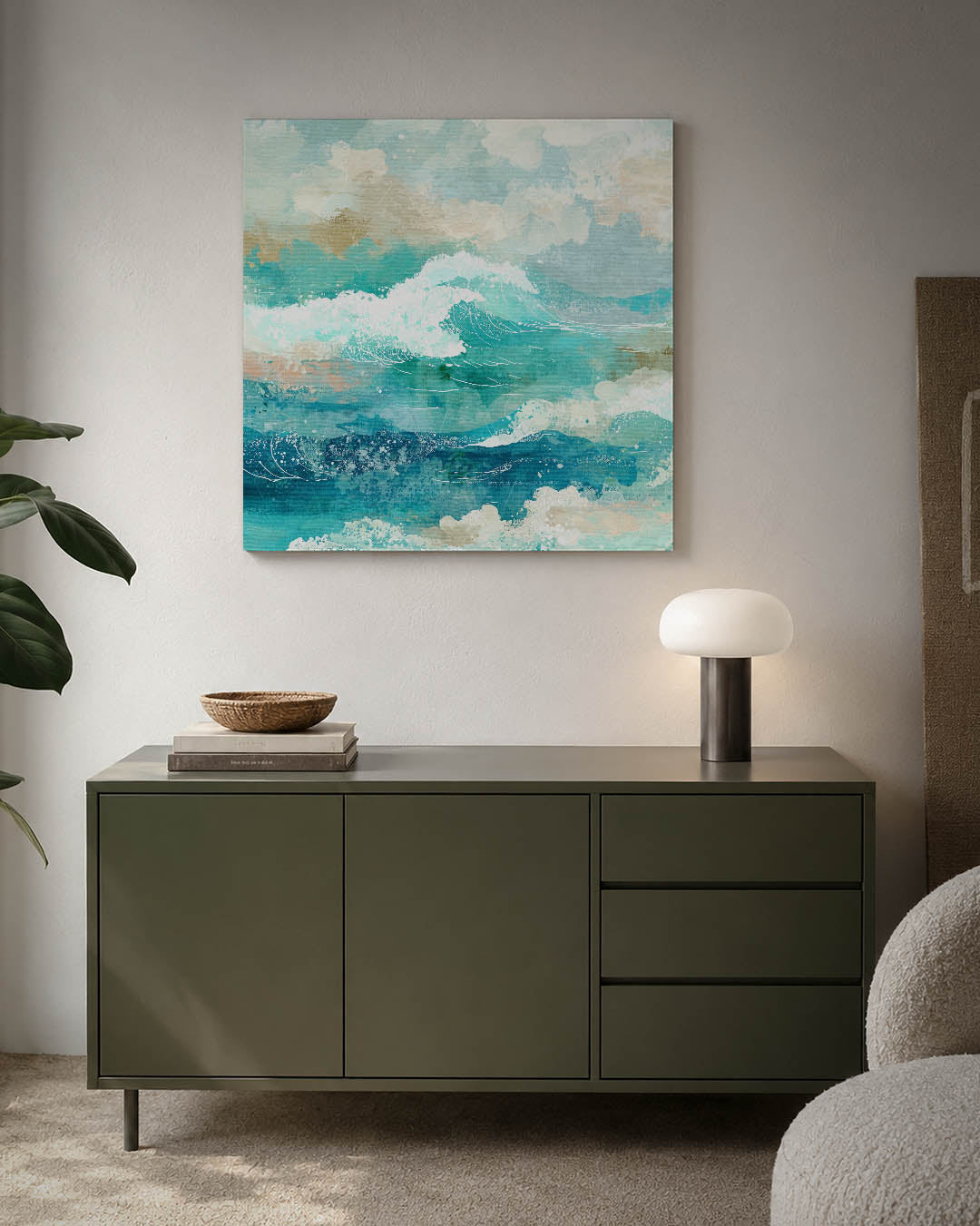 Dynamische zee kunstwerk – detailweergave – dit werk toont een levendige zee met golven in verschillende tinten blauw en wit