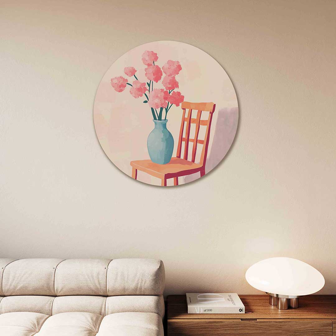 Bloemen op stoel – moderne abstracte muurcirkel voor aan de muur