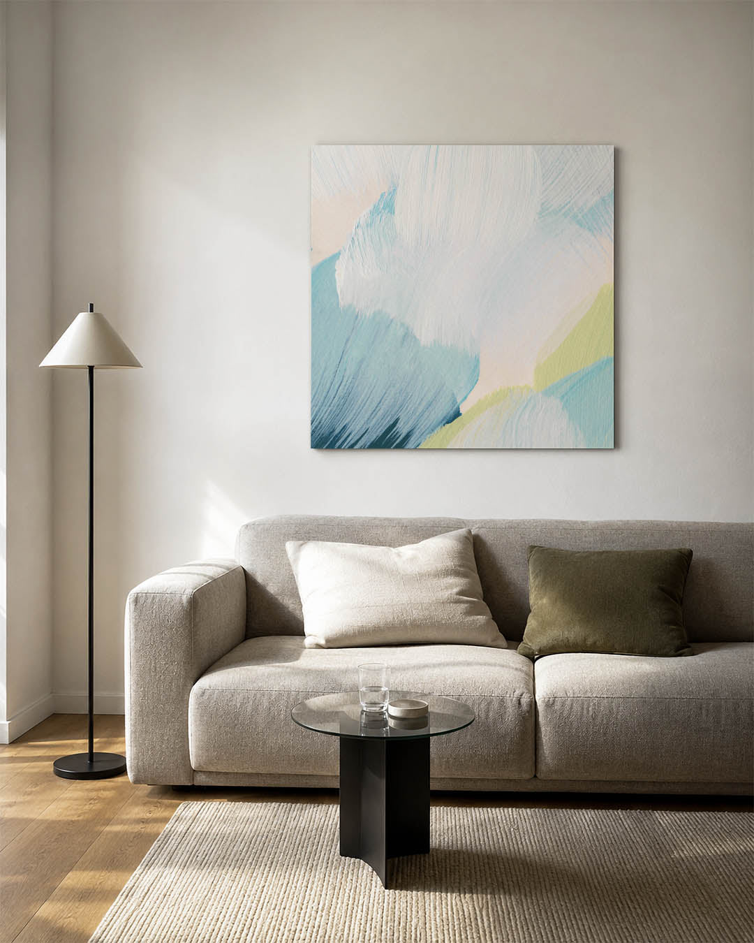 Kleurrijke borstelstreken kunstwerk – detailweergave – dit werk toont vloeiende penseelstreken in zachte tinten, met een